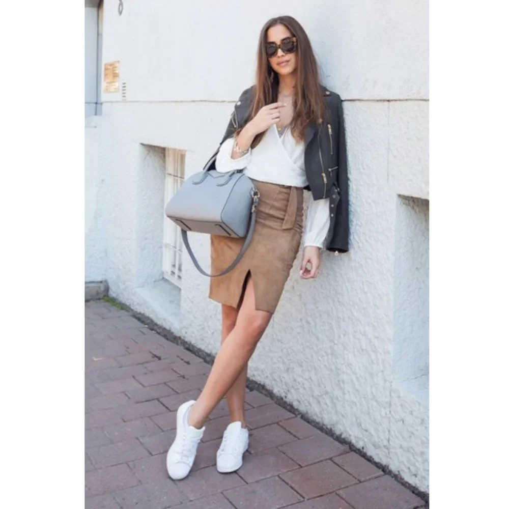 Vintage Danier Suede Leather Camel Tan High Rise Mini Midi Preppy Pencil Skirt - Picture 8 of 14